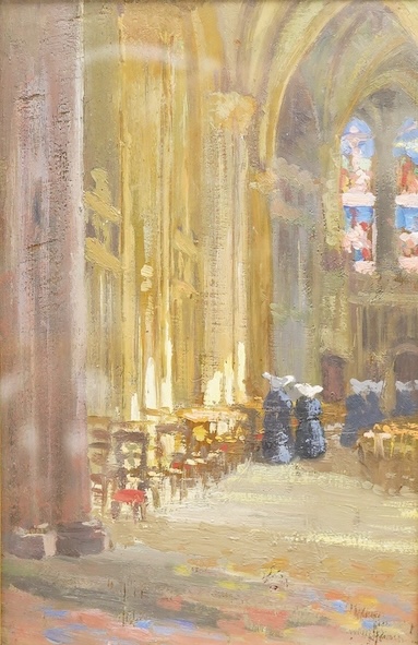 Early 20th century school, abbey interior with nuns, unsigned, Impressionist oil on board, 22 x 14cm